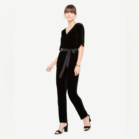 Ann Taylor Black Velvet Jumpsuit with Waist Tie - Picture 1 of 9